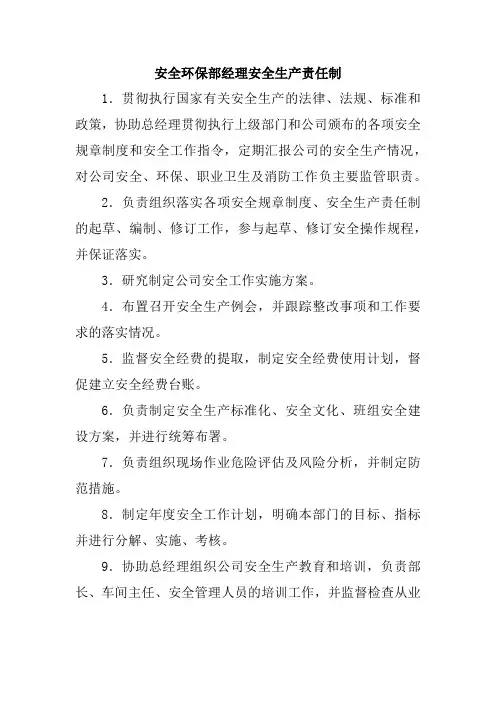 安全环保部经理安全生产责任制