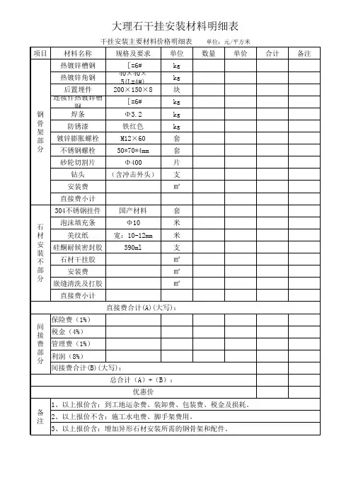大理石干挂安装材料价格明细表