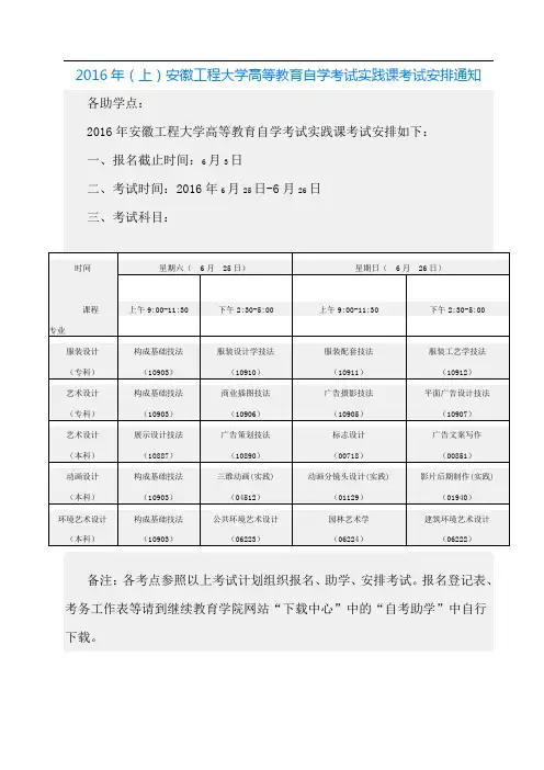 (上)安徽工程大学高等教育自学考试实践课考试安排