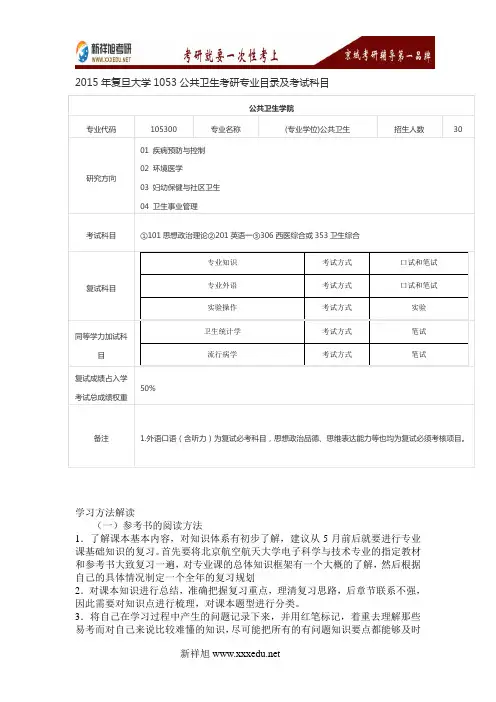 2015年复旦大学1053公共卫生考研专业目录及考试科目
