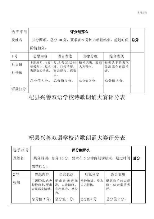 诗歌朗诵比赛评分表