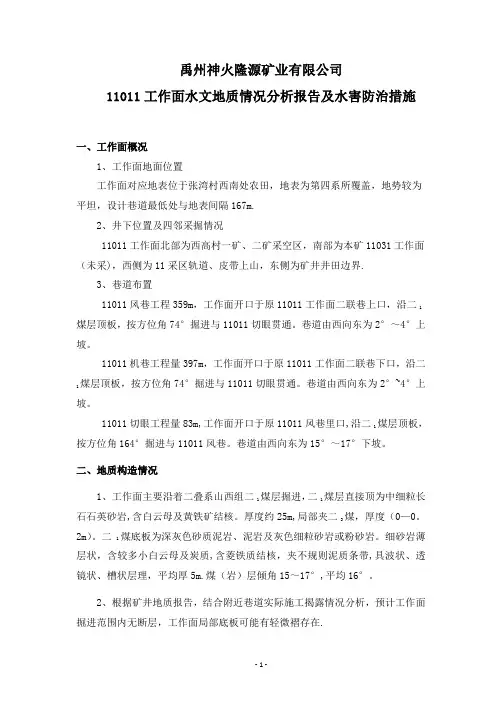 11011掘进工作面水文地质情况分析报告和水害防治措施【范本模板】