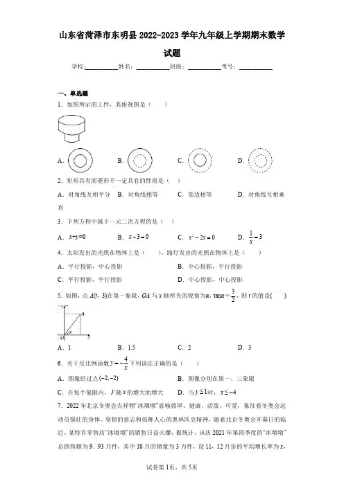 山东省菏泽市东明县2022-2023学年九年级上学期期末数学试题
