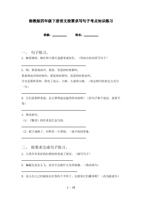 湘教版四年级下册语文按要求写句子考点知识练习