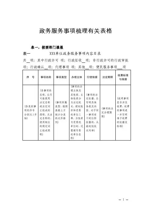 政务服务事项梳理有关表格