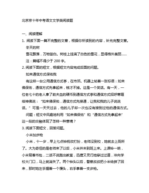 北京京十年中考语文文学类阅读题汇编