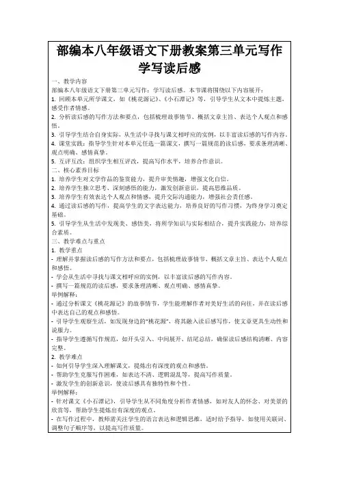 部编本八年级语文下册教案第三单元写作学写读后感