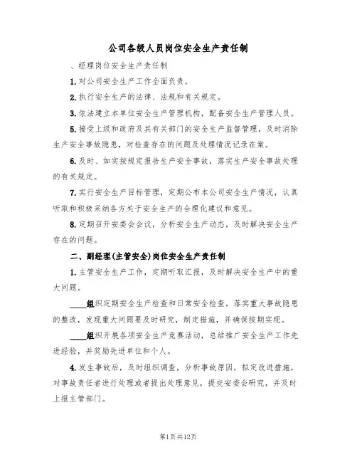 公司各级人员岗位安全生产责任制(五篇)