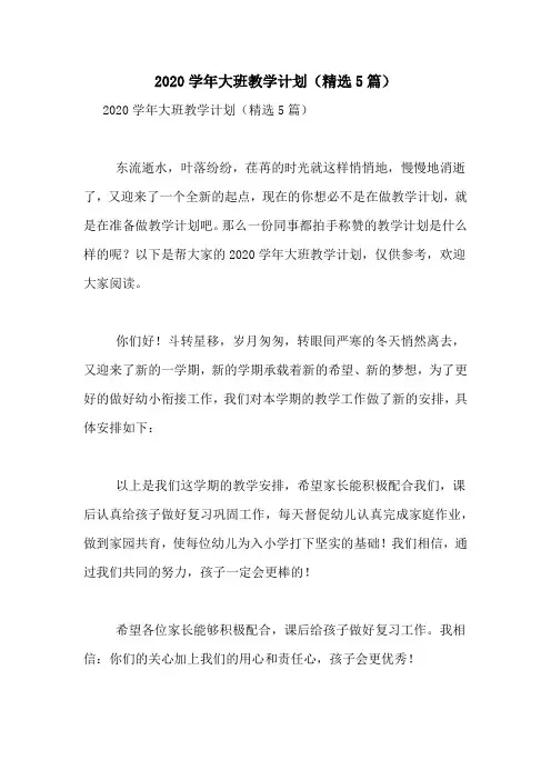 2020学年大班教学计划(精选5篇)