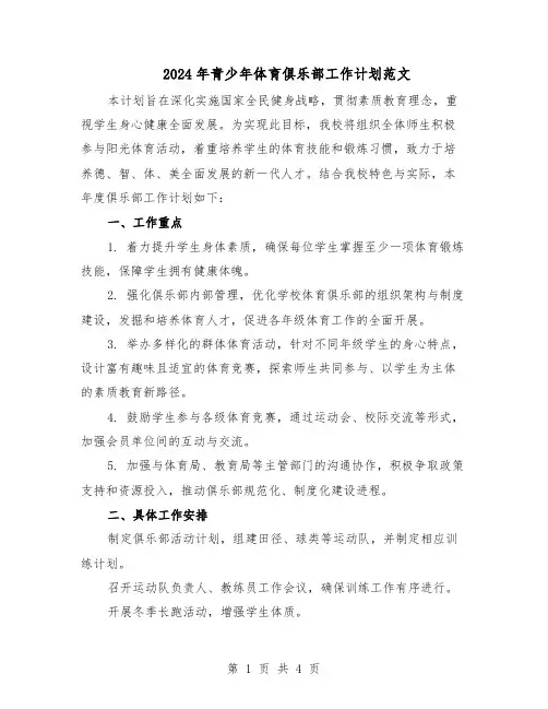2024年青少年体育俱乐部工作计划范文（二篇）