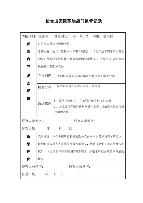 医院职能部门监管指导职能记录表【范本模板】