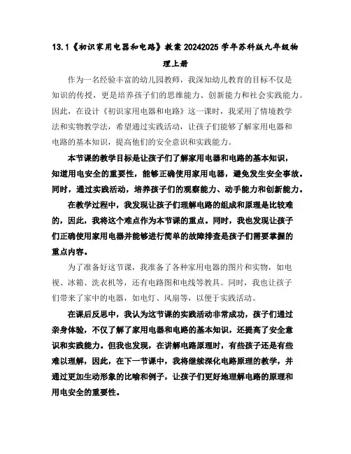 13.1《初识家用电器和电路》教案2024-2025学年苏科版九年级物理上册