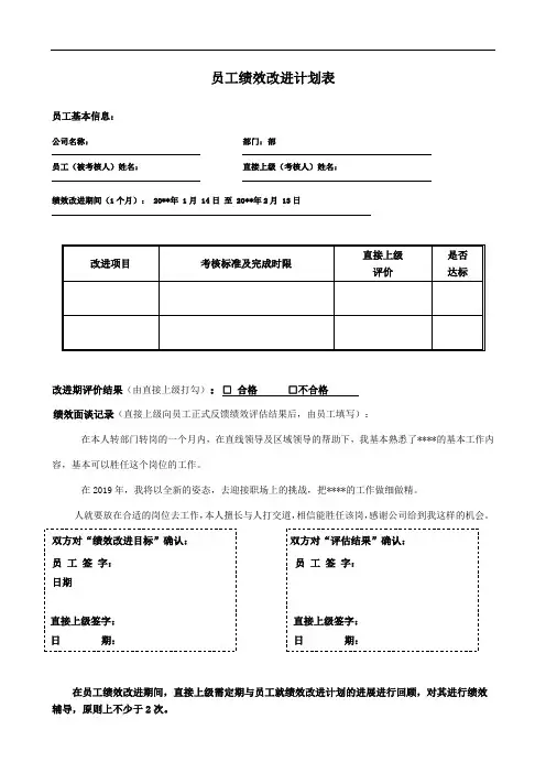 员工绩效改进计划表-模板