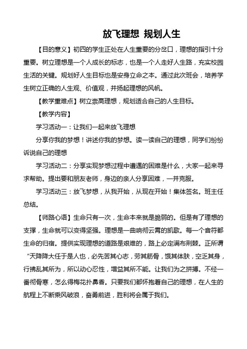 放飞理想 规划人生 主题班会 教案