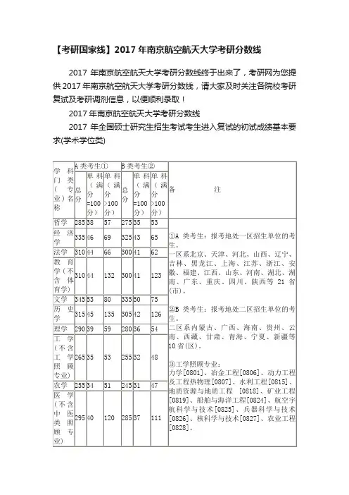 【考研国家线】2017年南京航空航天大学考研分数线