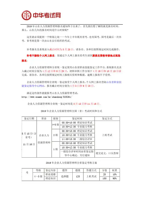 2019年山东人力资源管理师报名时间