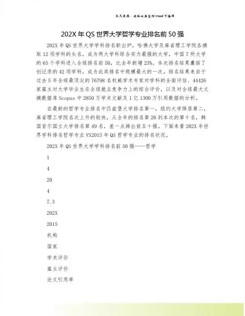 202X年QS世界大学哲学专业排名前50强