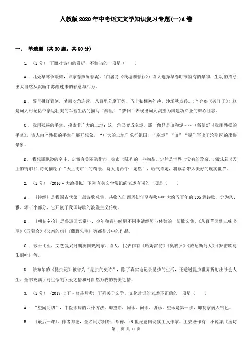 人教版2020年中考语文文学知识复习专题(一)A卷