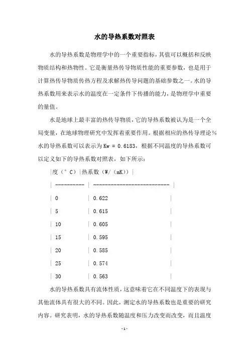 水的导热系数对照表