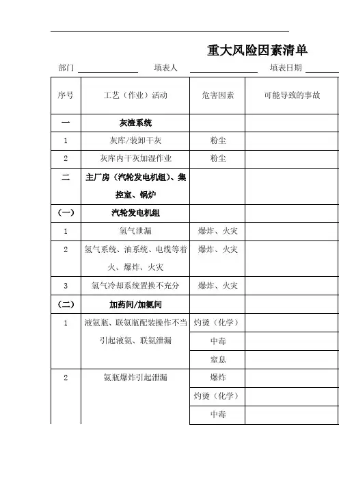 重大风险因素清单