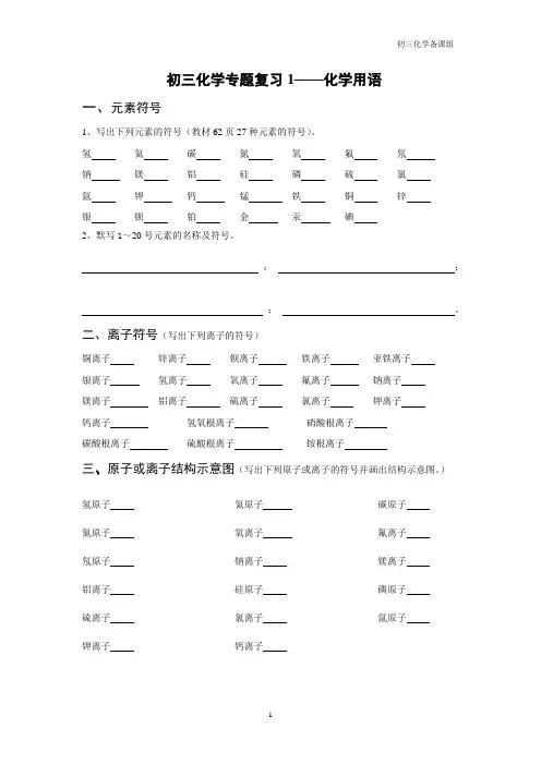 初三化学化学用语专题复习