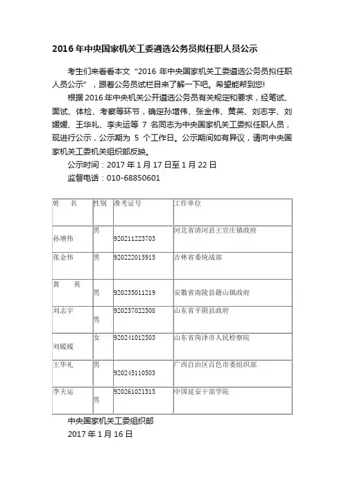 2016年中央国家机关工委遴选公务员拟任职人员公示