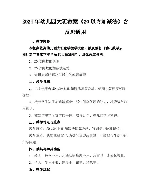 2024年幼儿园大班教案《20以内加减法》含反思通用