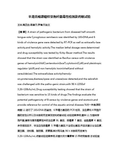 半滑舌鳎源蜡样芽孢杆菌毒性检测及药敏试验