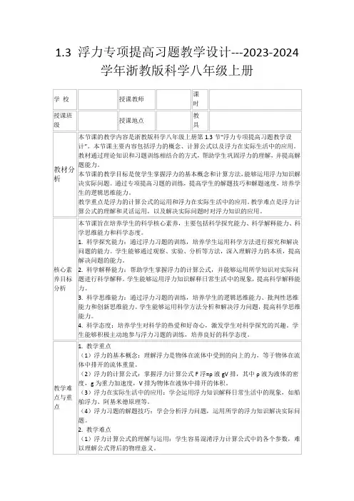 1.3浮力专项提高习题教学设计---2023-2024学年浙教版科学八年级上册