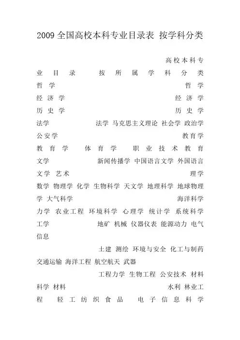 2009全国高校本科专业目录表 按学科分类