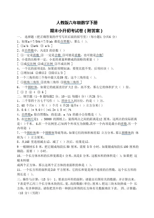 人教版六年级数学下册期末小升初考试卷(附答案)