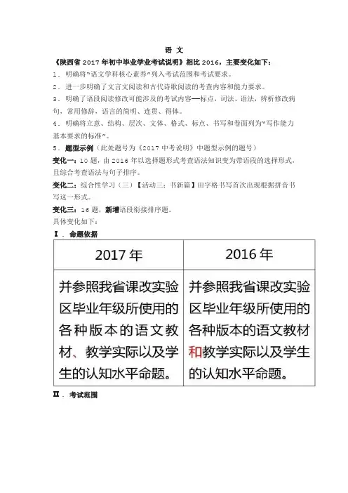 陕西省2017年初中毕业学业考试说明语文