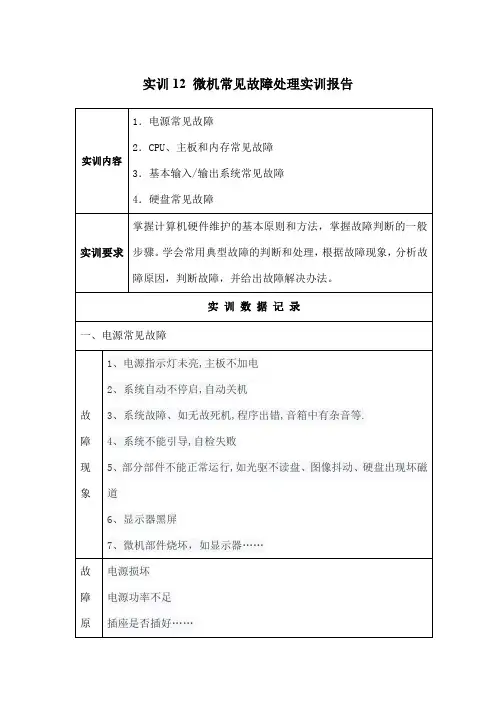 国开作业《微机系统与维护》实训：微机常见故障处理实训报告参考64