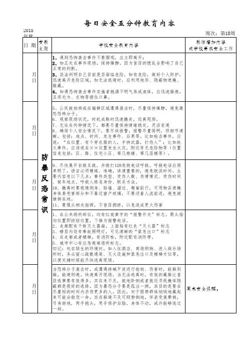 每日安全五分钟教育内容(2018秋第10周)