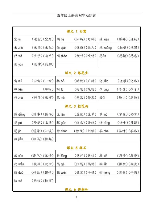 部编版小学五年级上册写字表会写字及组词(全册)