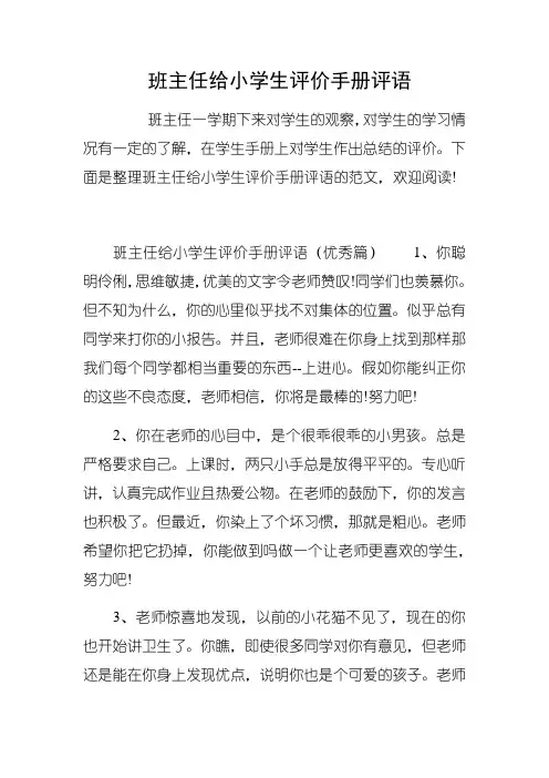 班主任给小学生评价手册评语