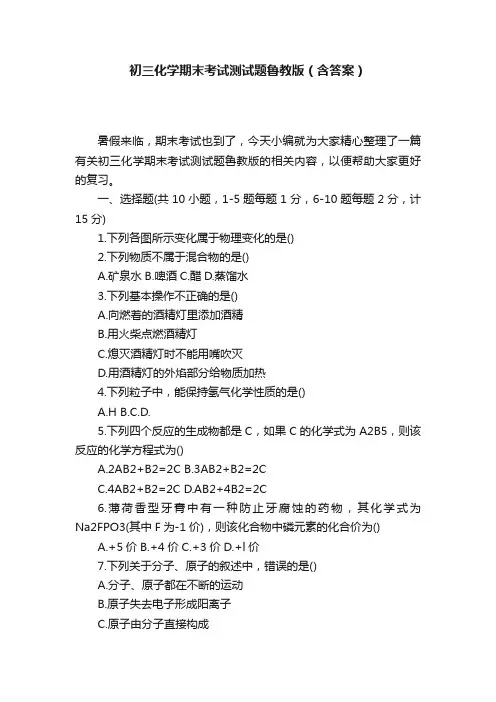 初三化学期末考试测试题鲁教版（含答案）