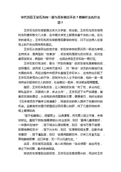 宋代名臣王安石为何一直与苏东坡过不去？他俩什么仇什么怨？