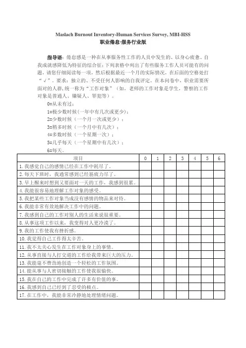 职业倦怠量表-服务行业版(MBI-HSS)修订后