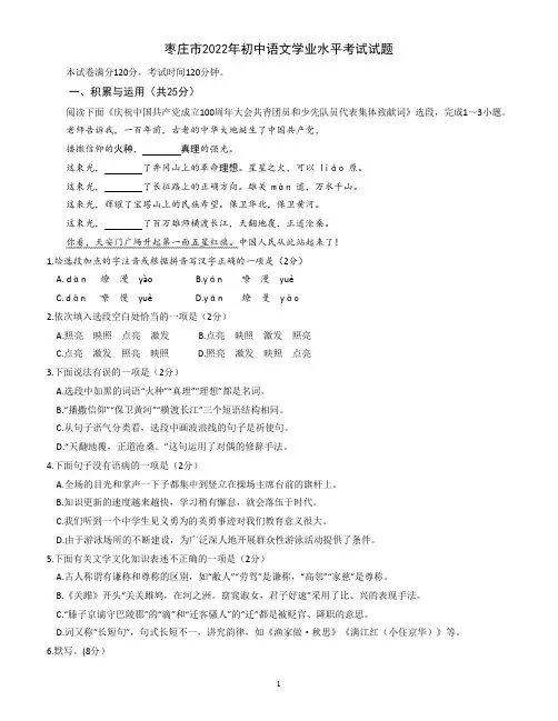 2022年山东省枣庄市中考语文试题(含答案)
