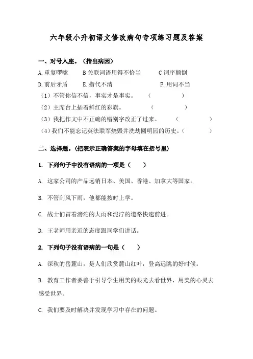 六年级小升初语文修改病句专项练习题及答案