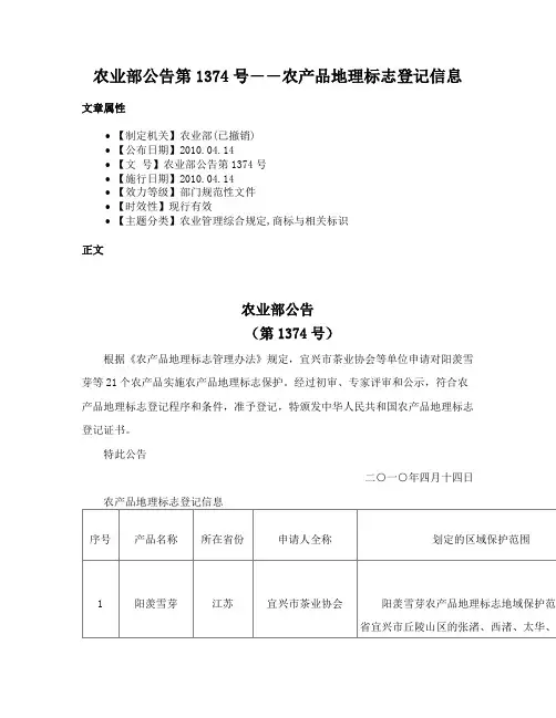 农业部公告第1374号――农产品地理标志登记信息
