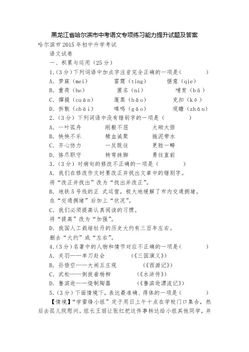 黑龙江省哈尔滨市中考语文专项练习能力提升试题及答案_5