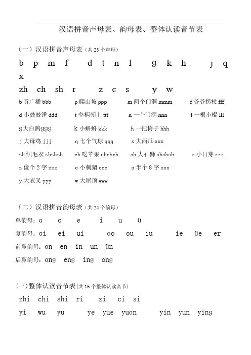 汉语拼音声母表、韵母表、整体认读音节表
