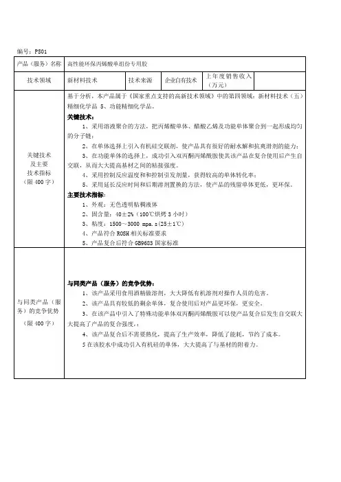 PS高新产品情况表