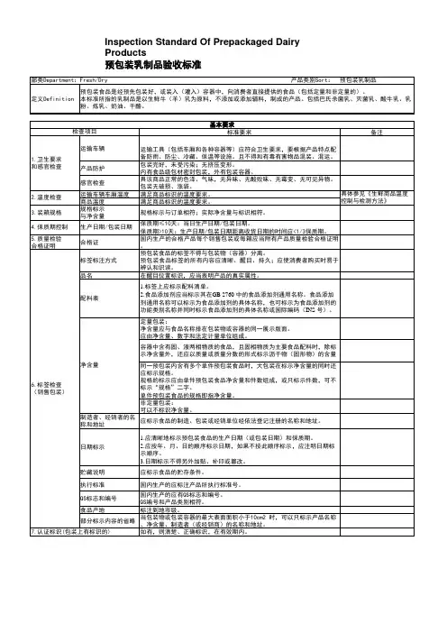 预包装乳制品验收标准
