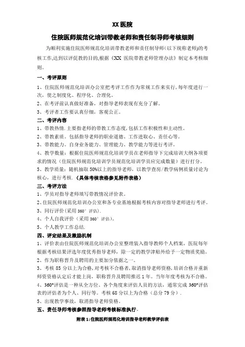XX医院住院医师规范化培训带教老师和责任制导师考核细则(附8套考核表格)