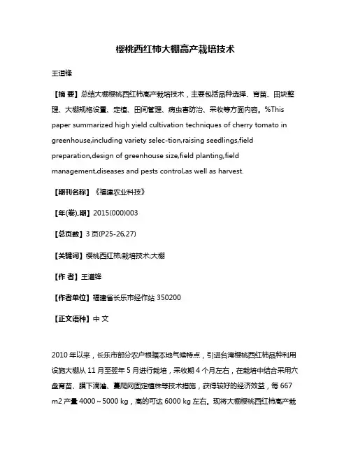 樱桃西红柿大棚高产栽培技术