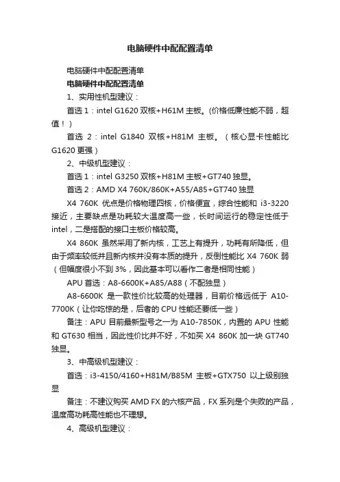 电脑硬件中配配置清单