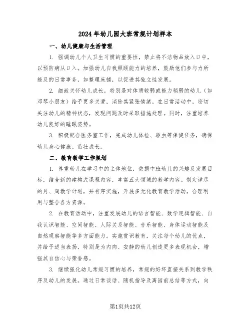 2024年幼儿园大班常规计划样本（五篇）